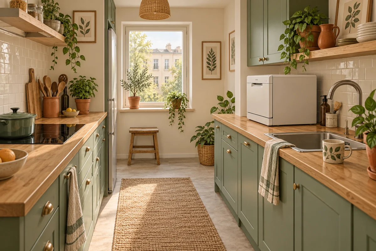 Illustrated galley kitchen showing a compact working layout