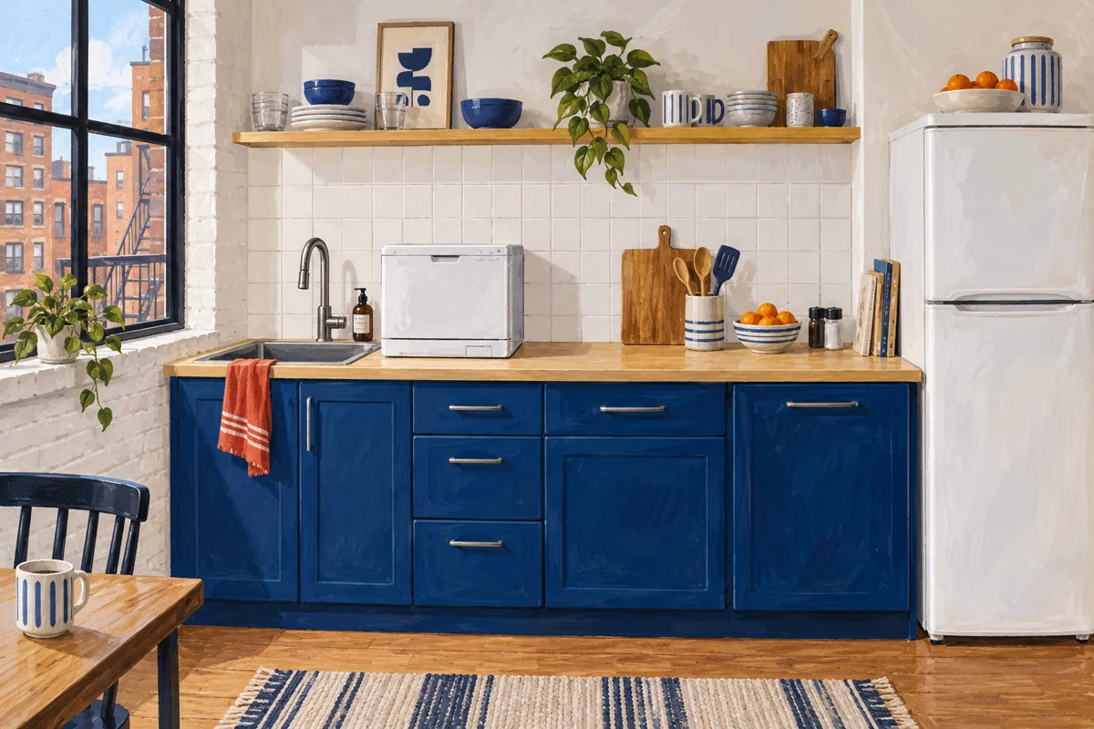 Navy and white single-wall kitchen concept